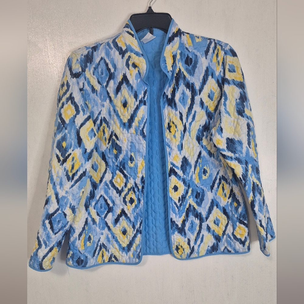 Alfred Dunner Blue and Yellow Patterned Jacket Reversible Jacket Womens Size 14